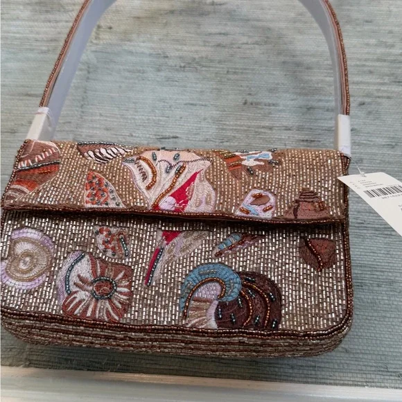 NWT new Anthropologie Fiona beaded sea shell seashell Tan Shoulder Bag purse - Picture 12 of 17